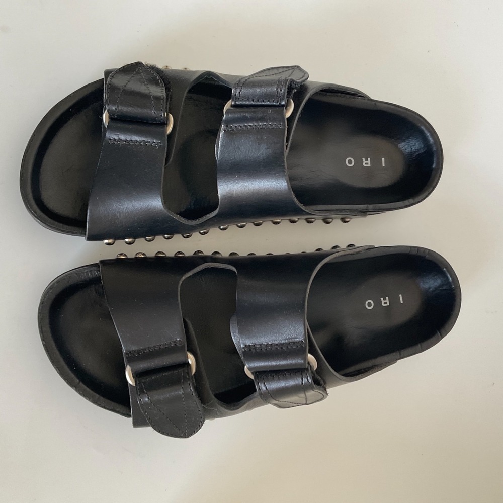 IRO Paris Kondo Mules Studded Leather Slip on Double‎ Strap Sandals New $465